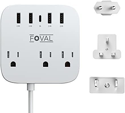 European Travel Plug Adapter, FOVAL EU UK US Power Strip with USB C and 4 USB Po... - Image 2