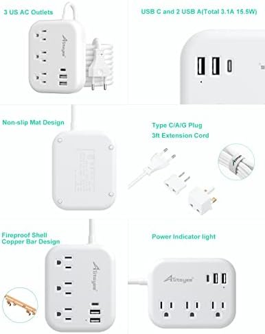 European Travel Plug Adapter, Alitayee EU/UK/US Travel Power Strip with 3 Outlet... - Image 9