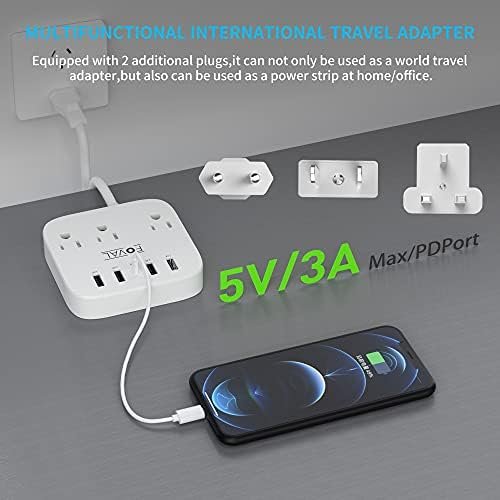 European Travel Plug Adapter, FOVAL EU UK US Power Strip with USB C and 4 USB Po... - Image 6