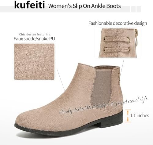 kufeiti Black Ankle Boots for Women Slip On Flat Low Heel Boots Comfy Round Toe ... - Image 3