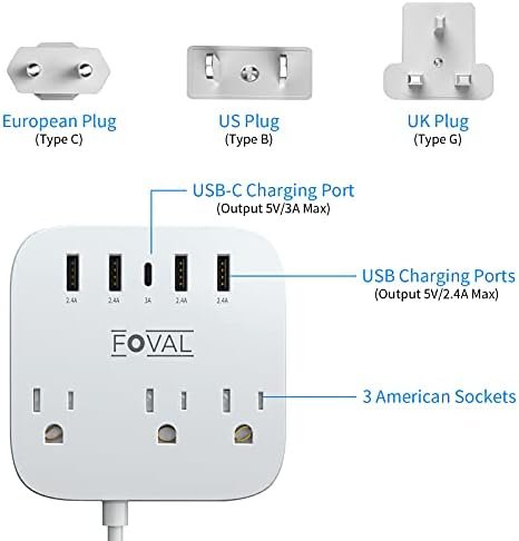European Travel Plug Adapter, FOVAL EU UK US Power Strip with USB C and 4 USB Po... - Image 4