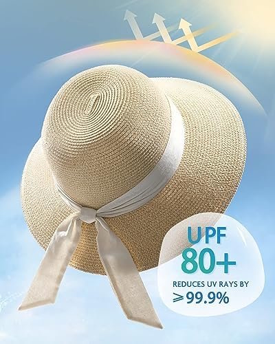 FURTALK Womens Beach Sun Straw Hat UV UPF50 Travel Foldable Brim Summer UV Hat - Image 3