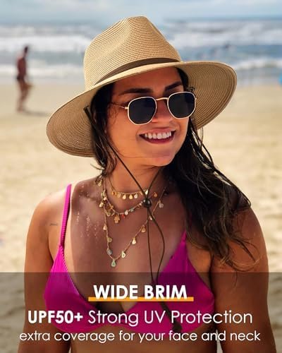 FURTALK Womens Summer Straw Sun Hats Wide Brim Panama Fedora Beach Hat with Wind... - Image 5