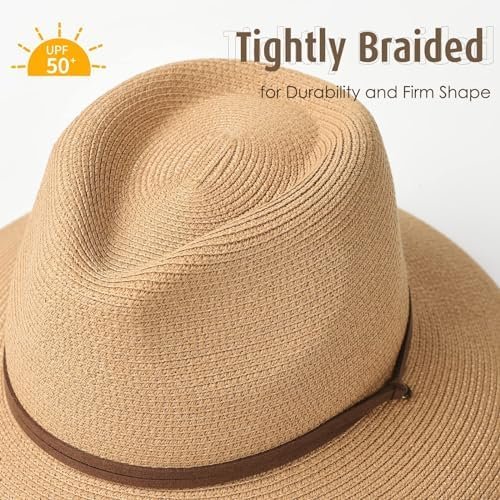 FURTALK Womens Summer Straw Sun Hats Wide Brim Panama Fedora Beach Hat with Wind... - Image 3