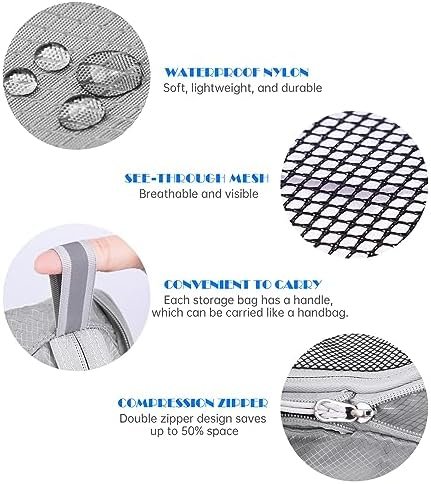 NiHome 7PCS Compression Packing Cube Set Expandable Mesh Travel Bags Luggage Organizers with Electronic Cable Cord Charger Organizer Drawstring Bag for Trip Home Storage Travel Gear Accessories (Grey) - Image 6