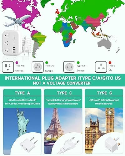 European Travel Plug Adapter, Alitayee EU/UK/US Travel Power Strip with 3 Outlet... - Image 3