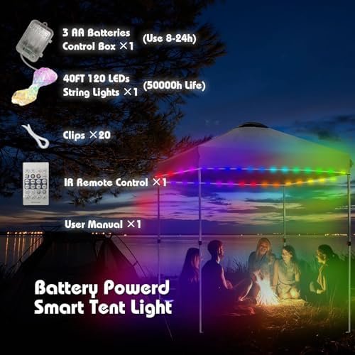 40ft LED Tent Lights, Battery Operated RGB Color Changing LED Tent Lights with A... - Image 6