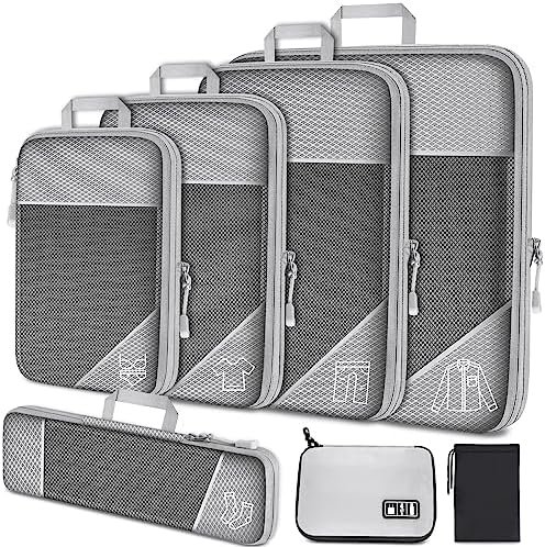 NiHome 7PCS Compression Packing Cube Set Expandable Mesh Travel Bags Luggage Organizers with Electronic Cable Cord Charger Organizer Drawstring Bag for Trip Home Storage Travel Gear Accessories (Grey) - Image 2