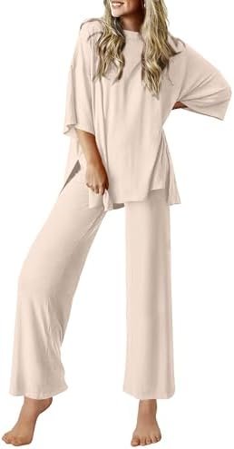 Ekouaer Lounge Sets for Women Short Sleeve Tops and Long Pants Soft Comfy Pajama... - Image 2