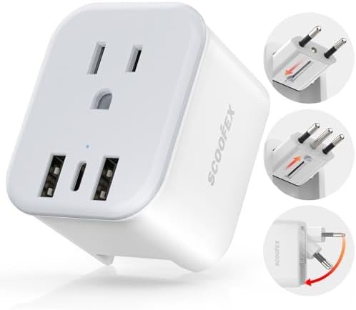 European Travel Plug Adapter - SCOOFEX Foldable Power Plug with 3 USB (1 USB C P... - Image 2