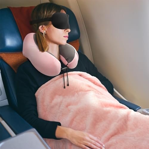 Travel Pillow and Blanket Set Neck Pillow Airplane with Sleep Mask Memory Foam f... - Image 8