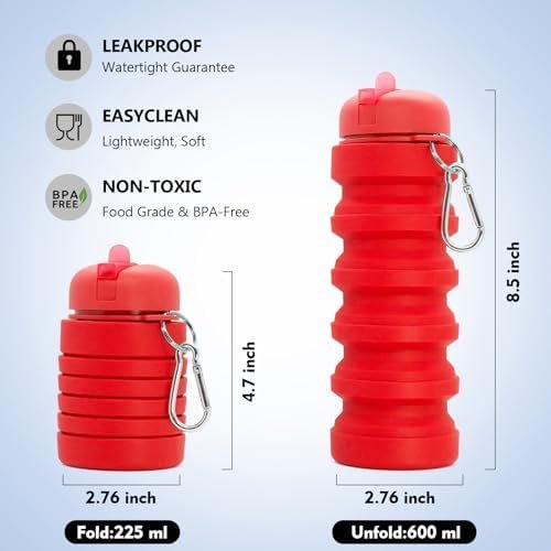 Fortek Foldable Water Bottle Reusable Red Silicone Water Bottle for Travel Outdo... - Image 4