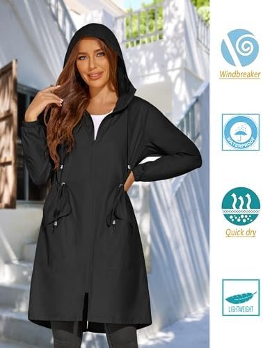 ELESOL Women Rain Jacket Waterproof Long Rain Coats Hooded Windbreaker Lightweig... - Image 3