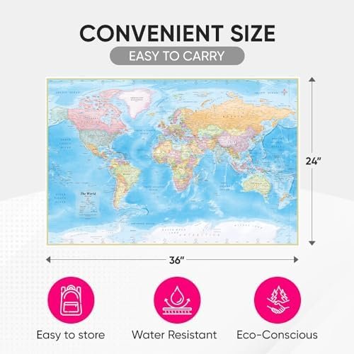 (AquaShield) Double-Sided World Map Poster - 24h x 36w Large Wall Decor - Waterp... - Image 4