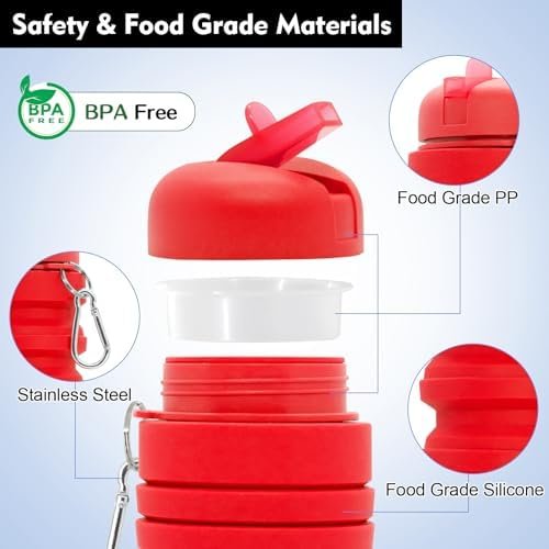 Fortek Foldable Water Bottle Reusable Red Silicone Water Bottle for Travel Outdo... - Image 3