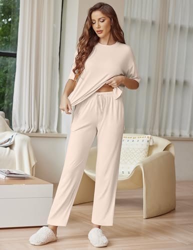 Ekouaer Lounge Sets for Women Short Sleeve Tops and Long Pants Soft Comfy Pajama... - Image 5