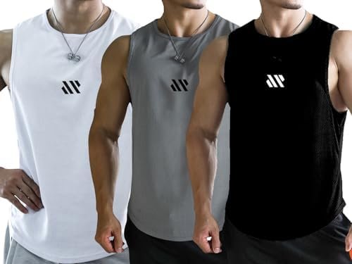 Men's Tank Tops 3 Pack Sleeveless Workout Mesh Material Quick Dry Athletic Runni... - Image 2