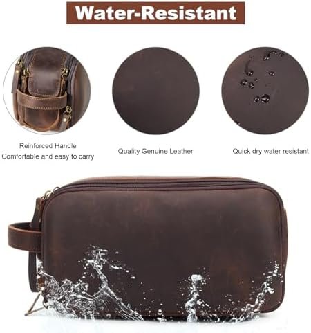 Toiletry Bag for Men, Full Grain Leather Travel Pouch Shaving Dopp Kit Bathroom ... - Image 4