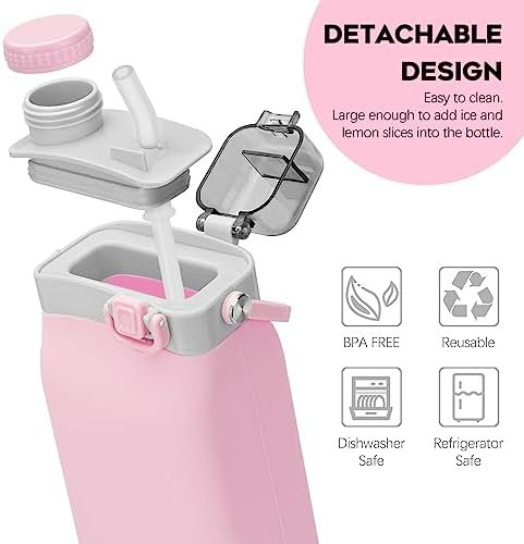 Collapsible Water Bottles, 20oz Silicone Reusable Water Bottle with Straw and St... - Image 4