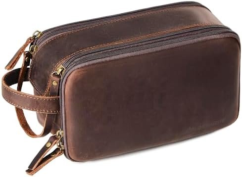 Toiletry Bag for Men, Full Grain Leather Travel Pouch Shaving Dopp Kit Bathroom ... - Image 2