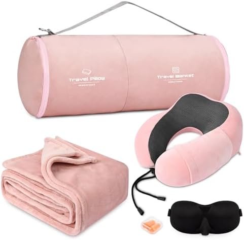 Travel Pillow and Blanket Set Neck Pillow Airplane with Sleep Mask Memory Foam f... - Image 2