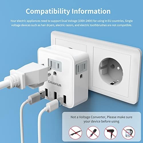 European Travel Plug Adapter, International Power Plug Adapter with 3 USB Ports ... - Image 7