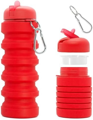 Fortek Foldable Water Bottle Reusable Red Silicone Water Bottle for Travel Outdo... - Image 2