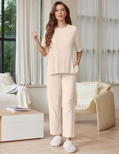 Ekouaer Lounge Sets for Women Short Sleeve Tops and Long Pants Soft Comfy Pajama... - Image 4