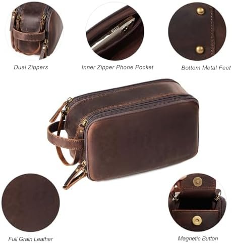 Toiletry Bag for Men, Full Grain Leather Travel Pouch Shaving Dopp Kit Bathroom ... - Image 6