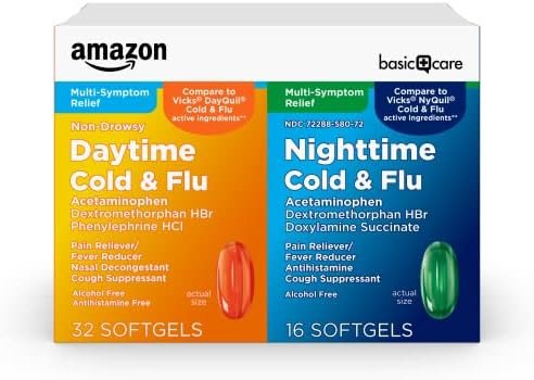 Amazon Basic Care Cold and Flu Relief, Daytime and Nighttime Combo Pack Softgels... - Image 2