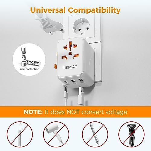 Universal Travel Adapter, TESSAN International Plug Adaptor with 1 USB C Wall Ch... - Image 7