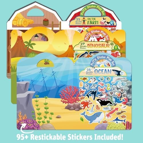 Sticker Books for Kids, 95+ Reusable Puffy Stickers, Farm, Dinosaur, Ocean Anima... - Image 3