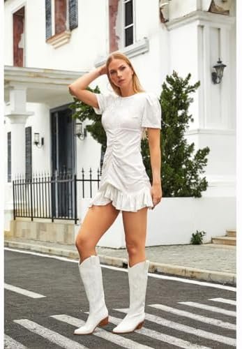 Erocalli White Cowgirl Boot Cowboy Boots for Women Embroidered Pull-On Chunky St... - Image 4
