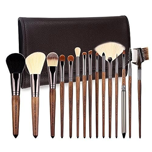 Makeup Brush Set, 15pcs Unique Walnut Makeup Brushes with Vegan Leather Bag, Pro... - Image 2