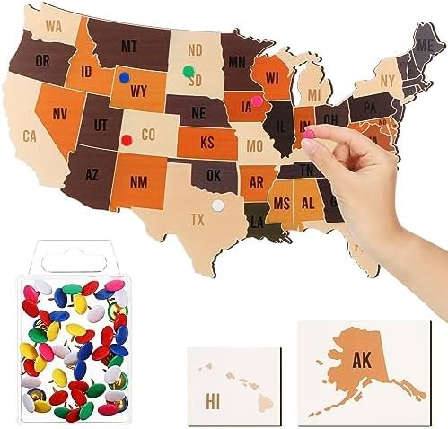 Kigley Wooden Board Map of the United States with 50 Push Pins to Mark Travel 17... - Image 2