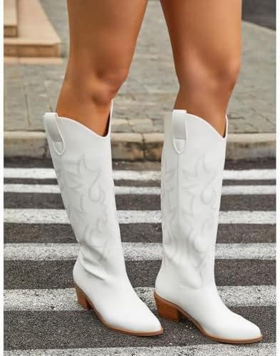 Erocalli White Cowgirl Boot Cowboy Boots for Women Embroidered Pull-On Chunky St... - Image 6