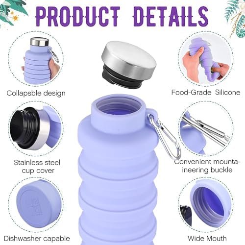 Collapsible Water Bottle,2 Pcs BPA Free Reuseable Silicone Foldable Leakproof 16... - Image 3