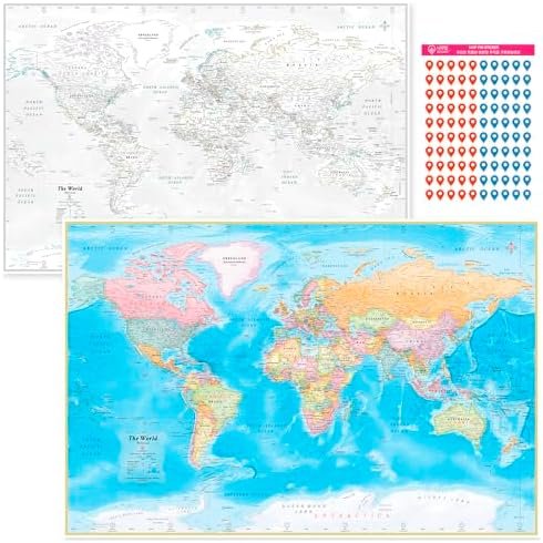 (AquaShield) Double-Sided World Map Poster - 24h x 36w Large Wall Decor - Waterp... - Image 2