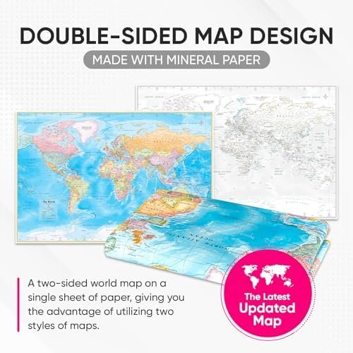 (AquaShield) Double-Sided World Map Poster - 24h x 36w Large Wall Decor - Waterp... - Image 3