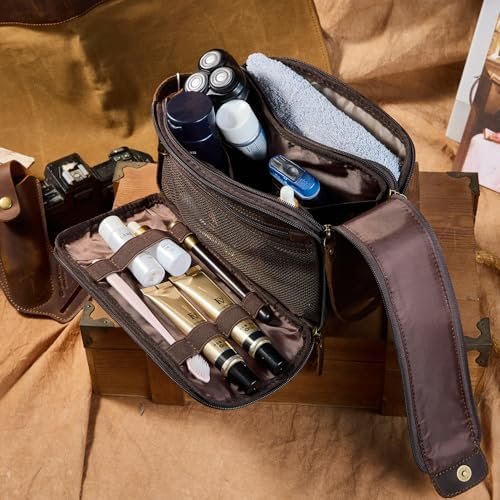 Toiletry Bag for Men, Full Grain Leather Travel Pouch Shaving Dopp Kit Bathroom ... - Image 7