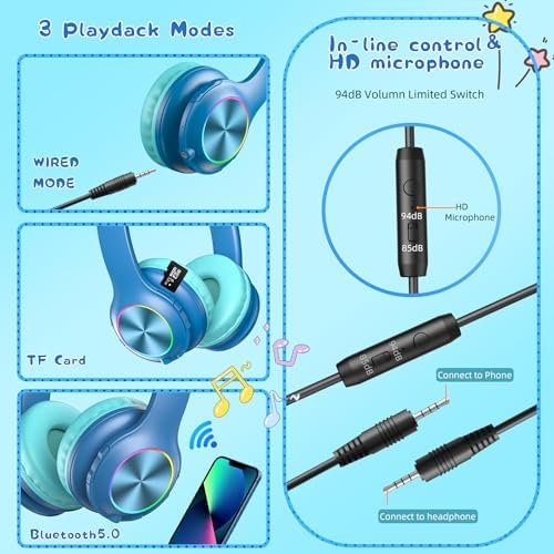2023 Bluetcooth Kids Headphones Fit for Aged 3-21, Colorful LED Lights Comfort W... - Image 6