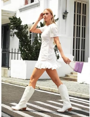 Erocalli White Cowgirl Boot Cowboy Boots for Women Embroidered Pull-On Chunky St... - Image 3