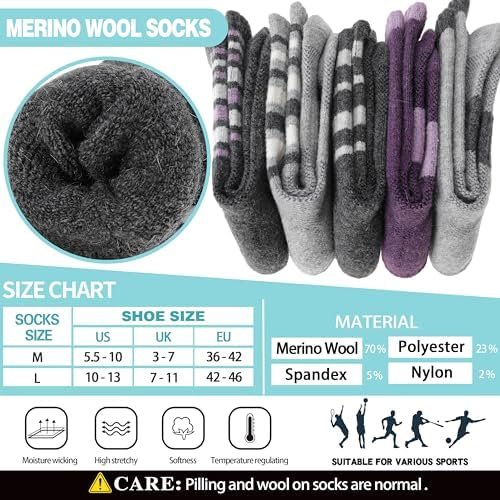 EBMORE 5 Pairs Womens Merino Wool Hiking Socks Thermal Warm Winter Boot Crew Cus... - Image 7