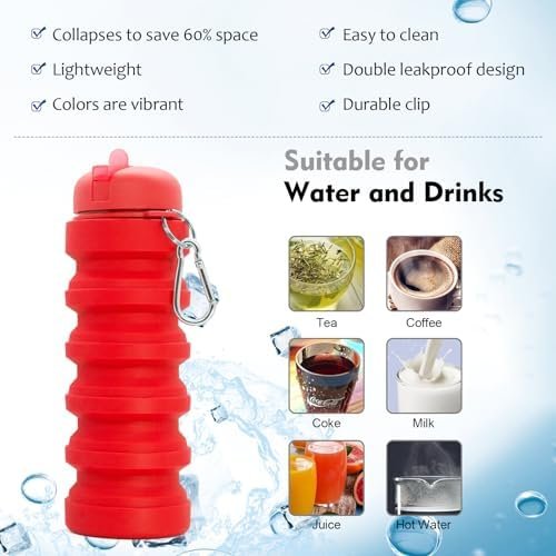 Fortek Foldable Water Bottle Reusable Red Silicone Water Bottle for Travel Outdo... - Image 5