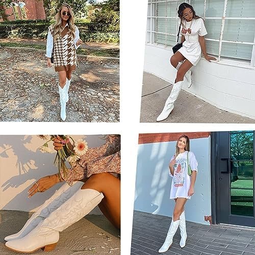 Erocalli White Cowgirl Boot Cowboy Boots for Women Embroidered Pull-On Chunky St... - Image 5