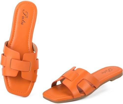 Putu Women's Flat Sandals Dressy Summer Sandals Strappy Slides with Square Open ... - Image 2