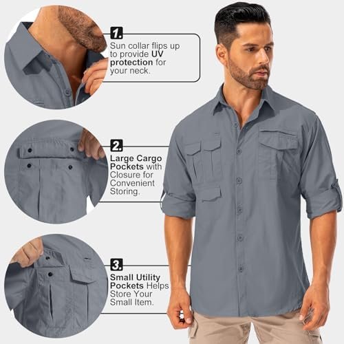 Men's Sun Protection Hiking Fishing Safari Shirt Long Sleeve Outdoor Cool Quick ... - Image 3