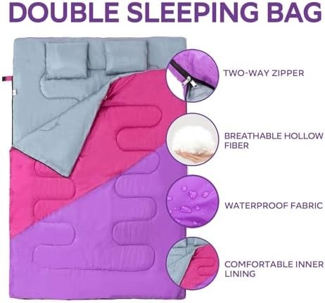 Double Sleeping Bag for Adults Kids - Lightweight 2 Person Sleeping Bag with Pil... - Image 3