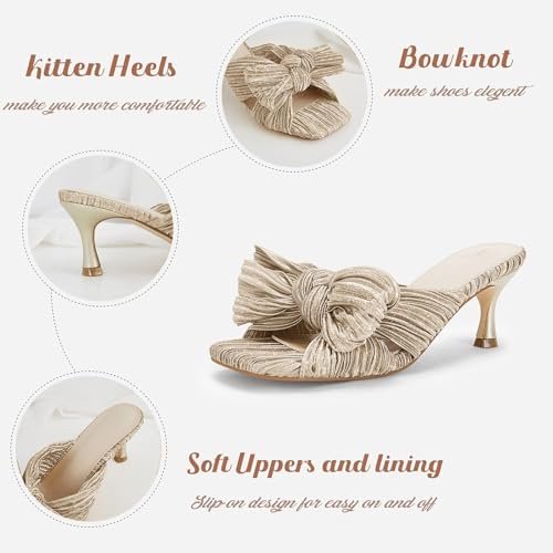 Coutgo Womens Bow Heeled Sandals Pleated Bowknot Heels Open Square Toe Cute Kitt... - Image 5