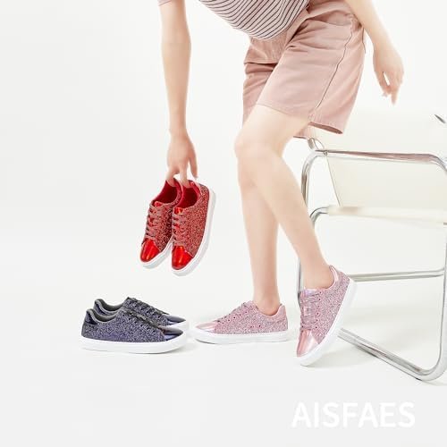 AISFAES Women Glitter Sneakers Sparkly Low Top Sequins Sneakers Lace Up Tennis S... - Image 7